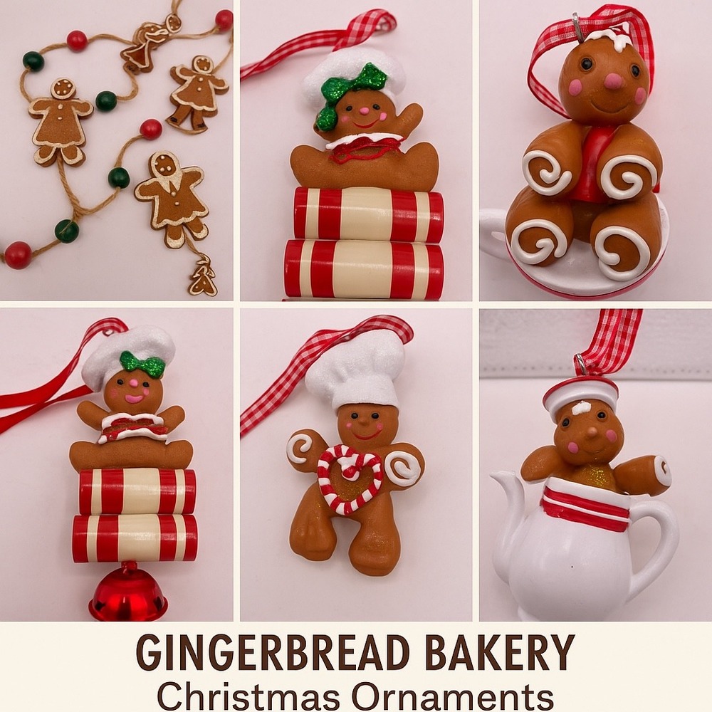 Gingerbread Ornament Collection Lot 6 Cookie Chef Figures +Garland Holiday Decor